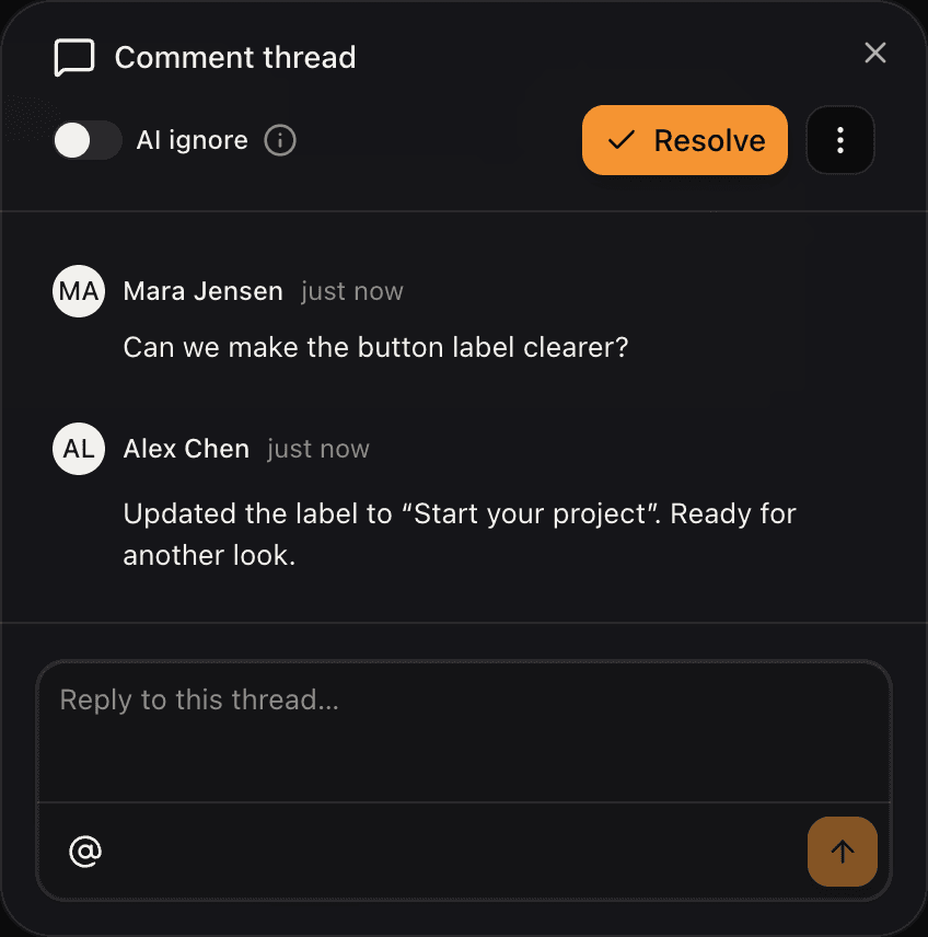 The Artor dashboard's comment thread, with two replies, AI ignore, Resolve, and a reply field.