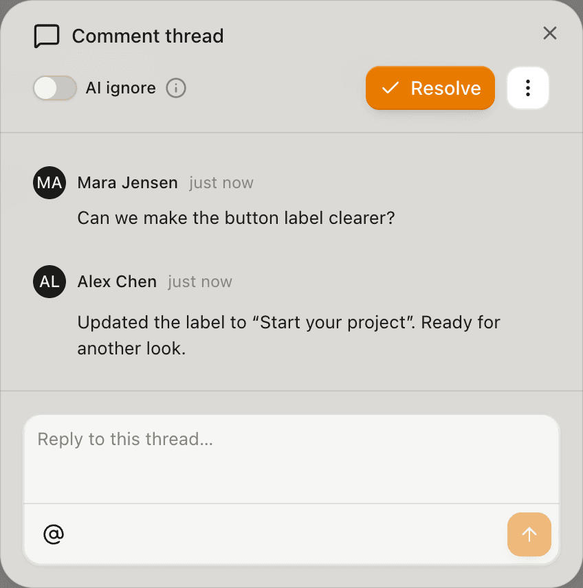 The Artor dashboard's comment thread, with two replies, AI ignore, Resolve, and a reply field.