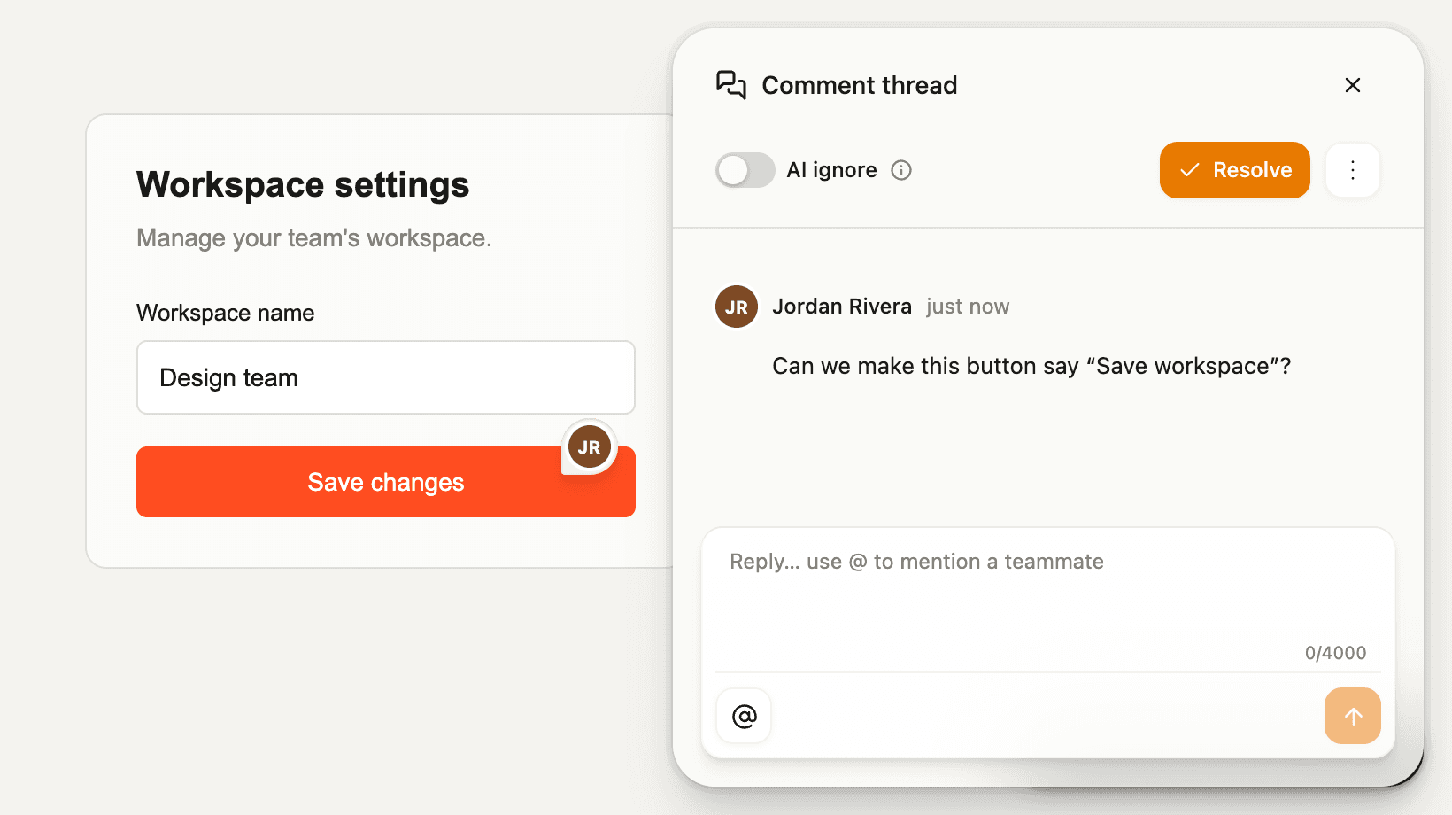 The actual Artor SDK comment thread: an element pin, AI ignore, Resolve, and the reply composer.