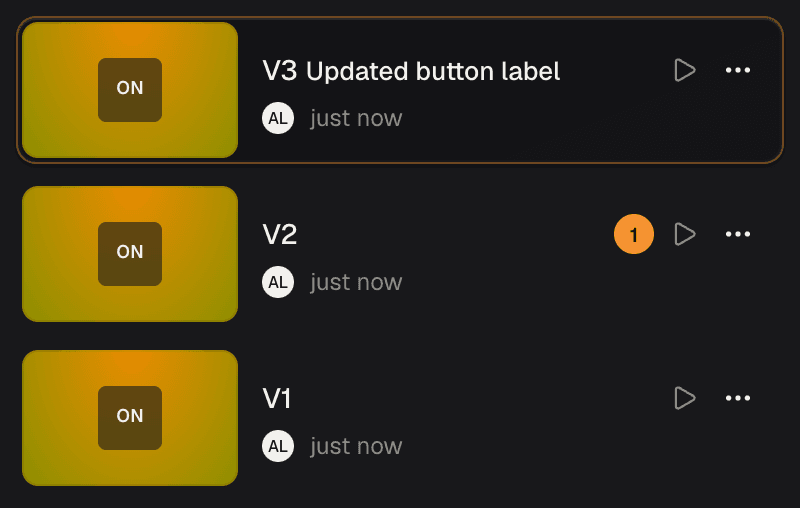The Artor dashboard's version list: V3 selected, an open comment on V2, and V1 below.