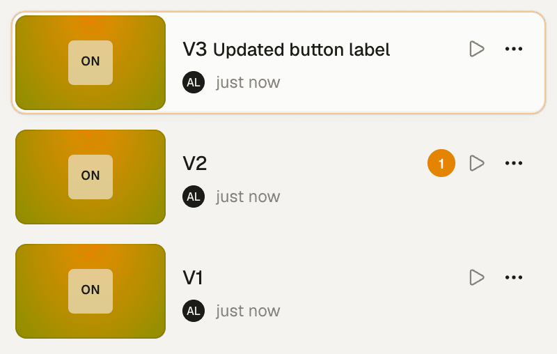 The Artor dashboard's version list: V3 selected, an open comment on V2, and V1 below.